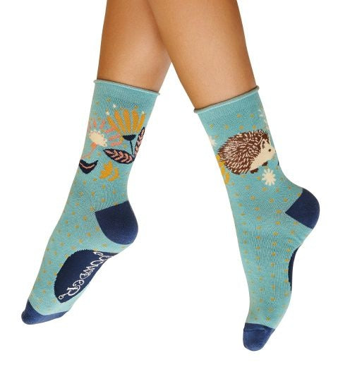Socks: Ankle Bamboo Hedgehog hunting in leaves- Ice Blue - FASHION - Powder Designs Ltd
