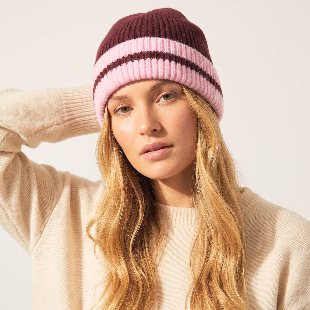 Beanie Hat: Knitted Striped - Burgundy & Pink - SARTA