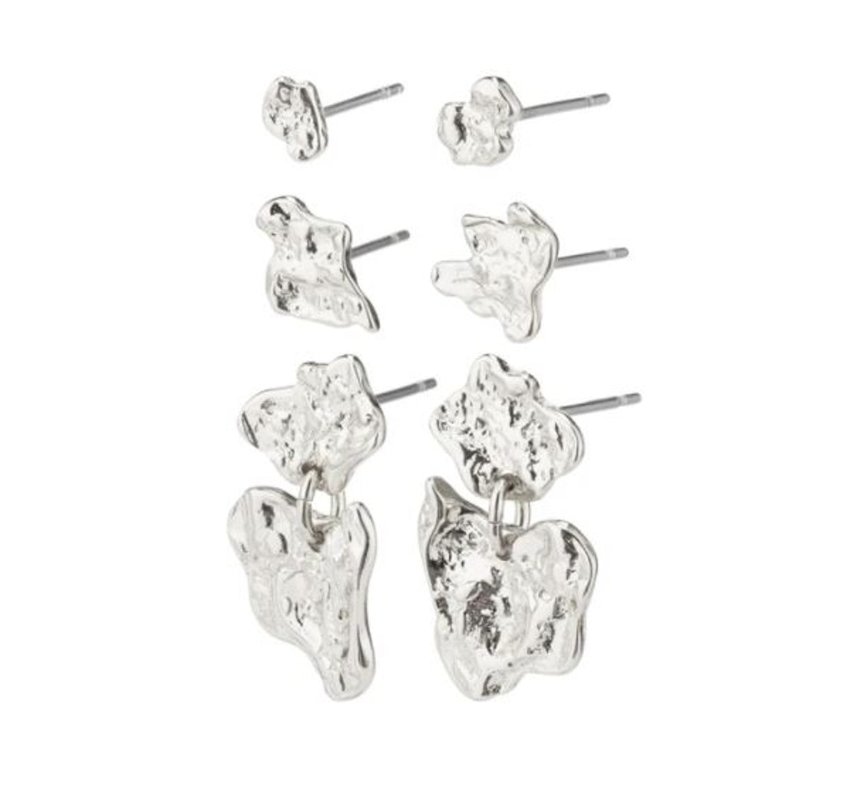 Earrings: Stud Set of 3 Textured Disc w Drop Charm on One Horizon - Silver Plated