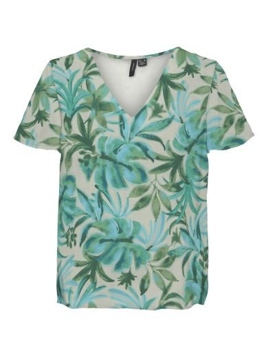 Top: Chiffon V Neck Short Sleeve Leaf Print SMILLA - Cream & Green - Vero Moda