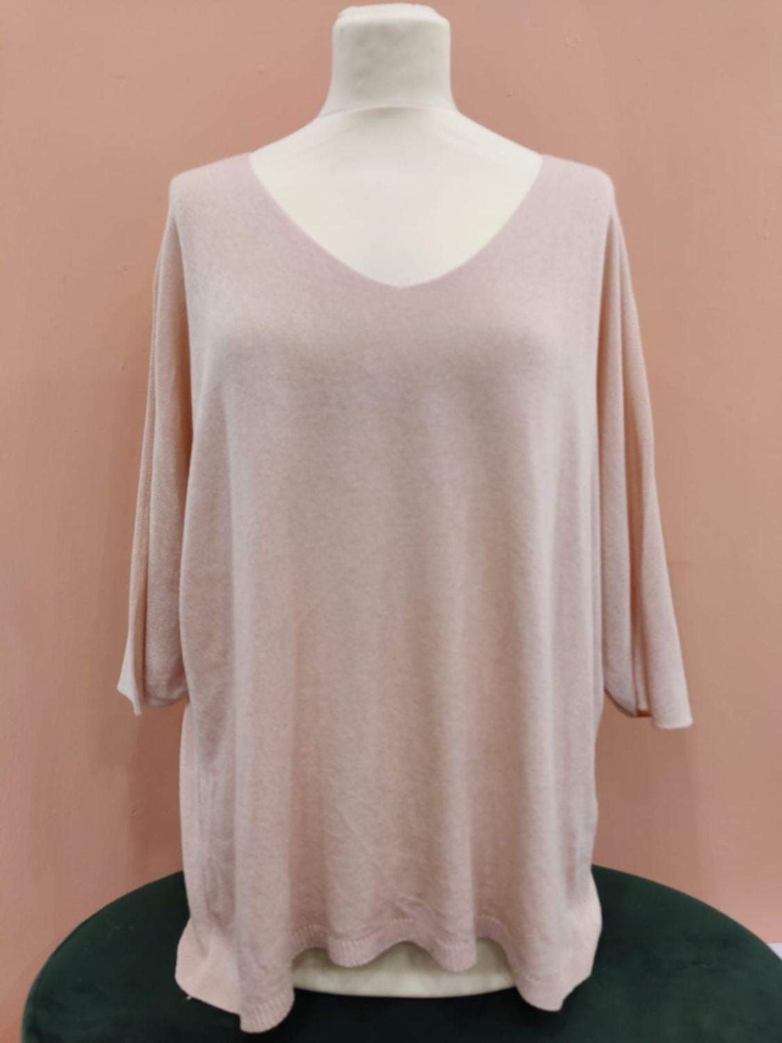 Top: Fine Knit Modal V Neck Cropped Sleeve -  Pale Pink - One Size Italian Clothing