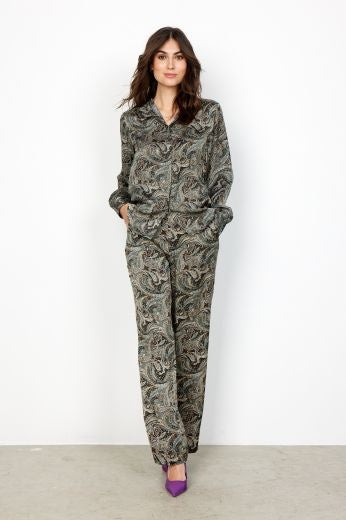 Trousers: Satin Paisley Print Harmoni - Misty Green - Soya Concept