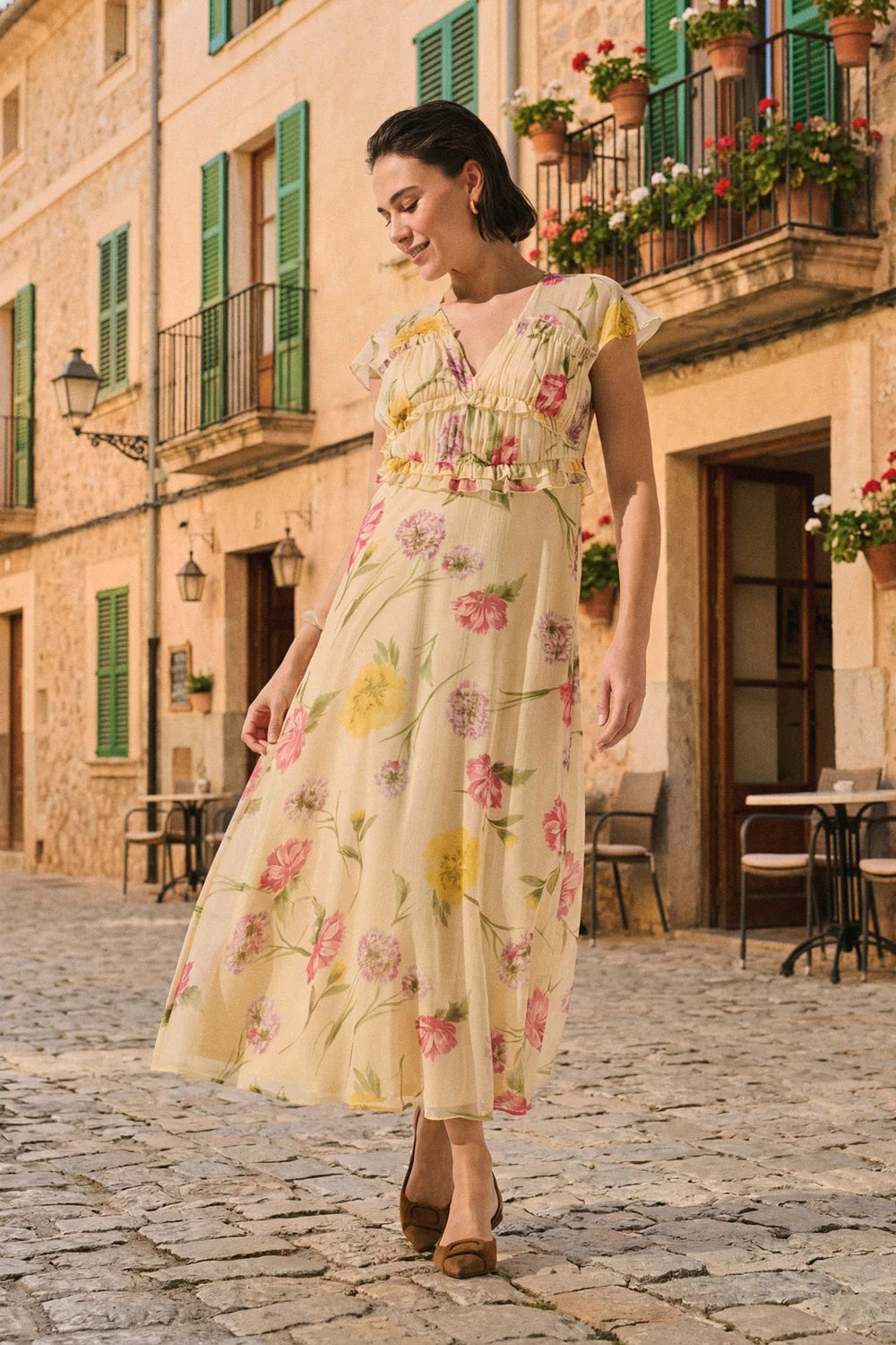 Long Dress: Chiffon Short Sleeve Floral Frill VALDA - Yellow - ONLY