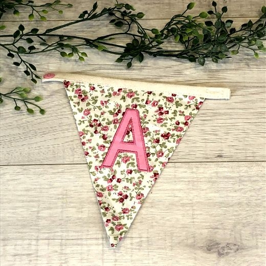 GIRLS PERSONALISED BUNTING VINTAGE Style GREEN+CREAM floral £2.50/lettered flag 